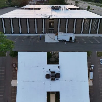 Drone view of a commercial flat roof