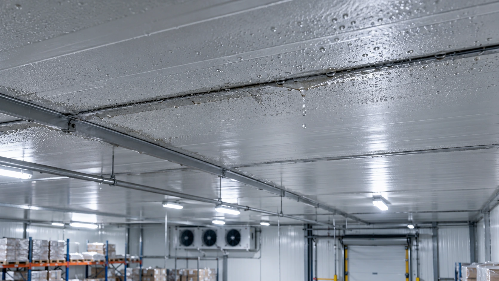Condensation beading and dripping from the insulated ceiling deck of a cold storage warehouse, with evaporator units and stacked pallets below