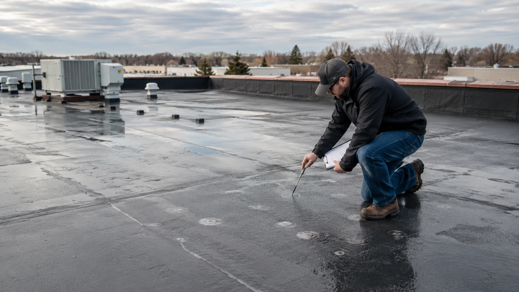 Hail impact damage on a commercial flat roof membrane