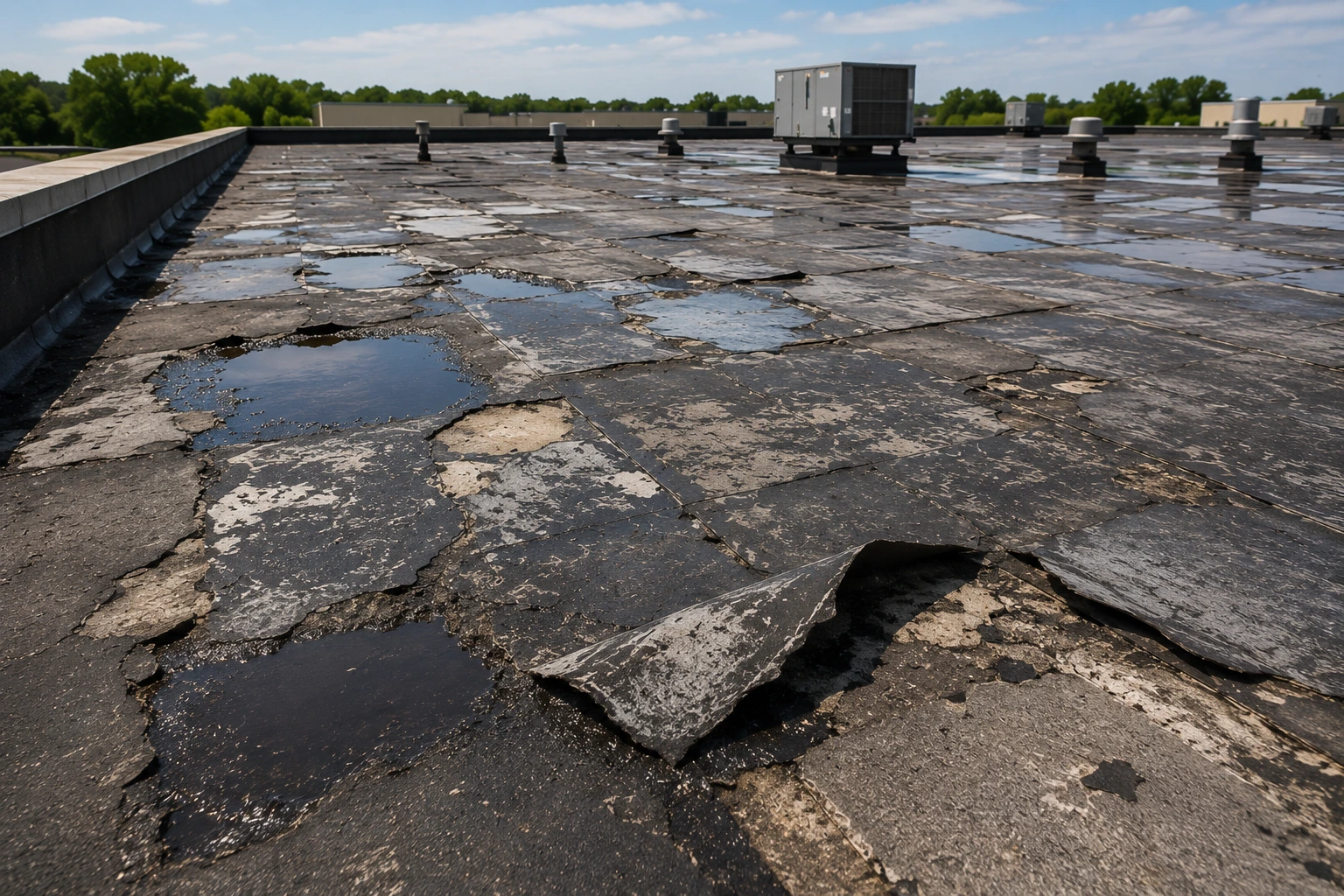 Severely deteriorated commercial flat roof with damaged membrane and ponding water