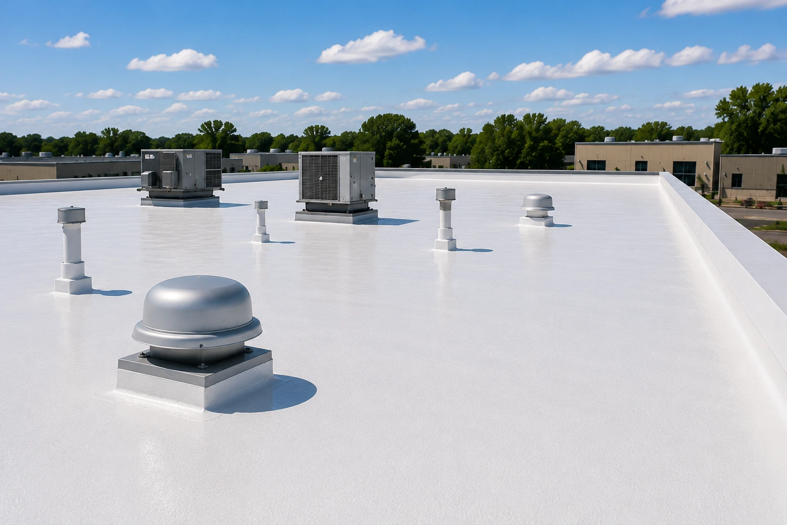 Restored commercial flat roof with a clean reflective roof coating