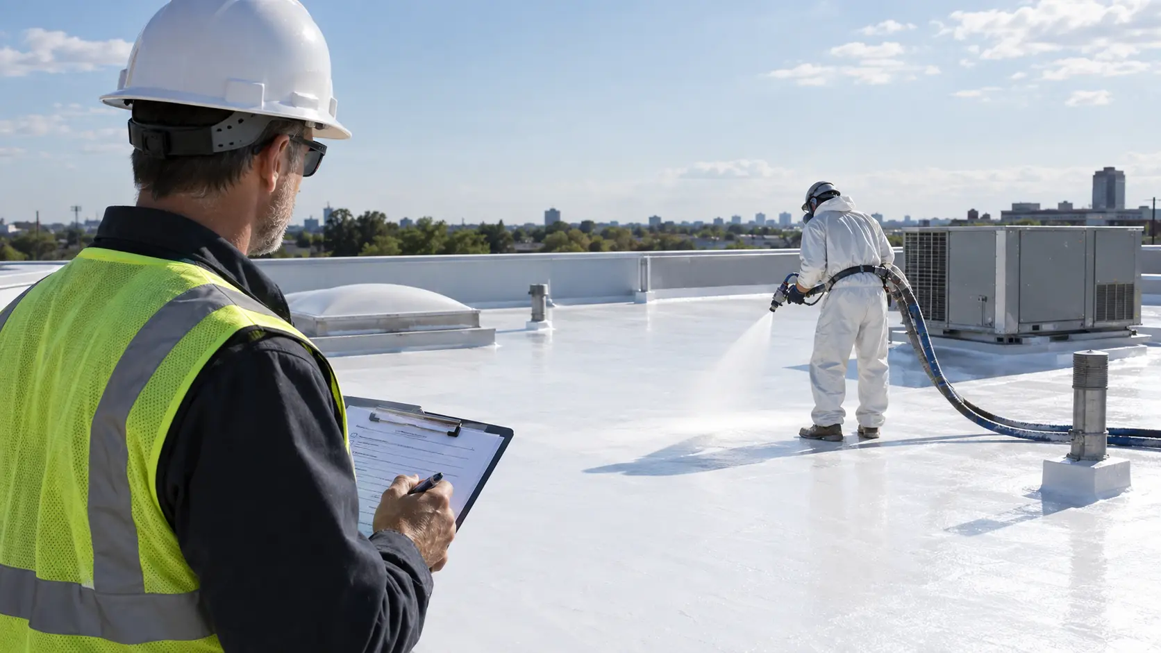 Hail impact damage on a commercial flat roof membrane