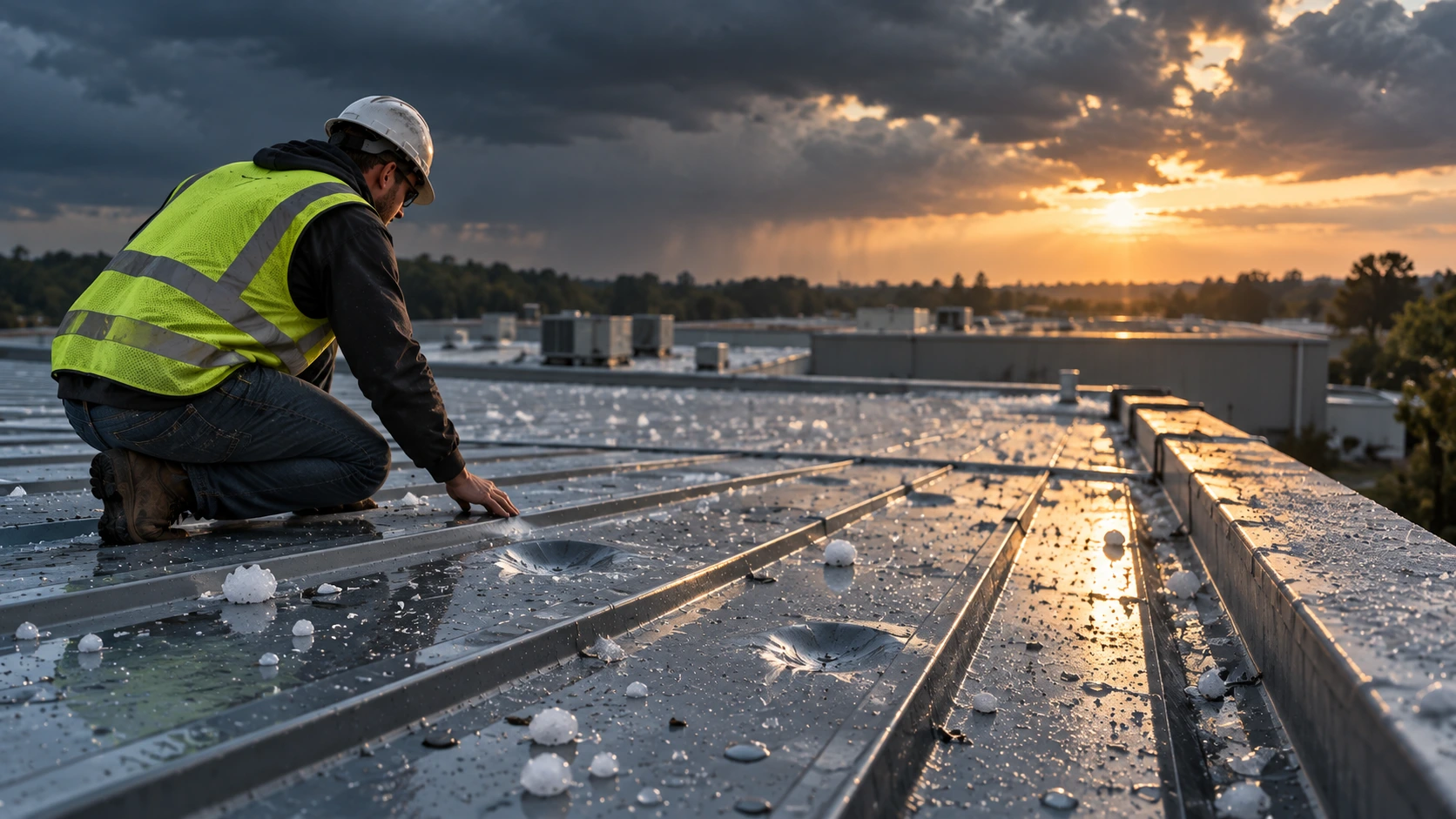 Hail impact damage on a commercial flat roof membrane
